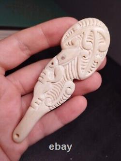 Maori Old Pendant Wahaika Hand Carved Bone Abalone New Zealand