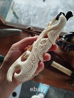 Maori Old Super Huge Pendant Hei Matau Hand Carved Bone Abalone New Zealand