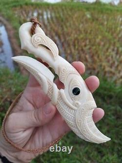 Maori Pendant Huge Manaia Tiki Fish Hook Hand Carved Bone Abalone New Zealand