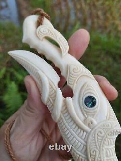 Maori Pendant Huge Manaia Tiki Fish Hook Hand Carved Bone Abalone New Zealand