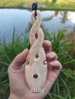 Maori Pendant Huge Pikorua Double Twist Hand Carved Bone New Zealand