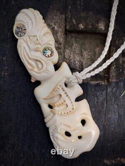 Maori Pendant Tiki Large Royal Hand Carved Bone Abalone Eyes New Zealand