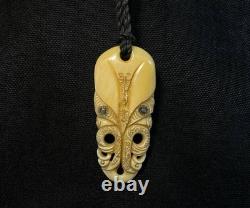 Maori Style Carved Pendant, Handmade Rustic Necklace, Shell Inlay, New Zealand