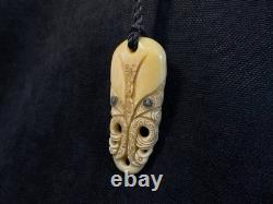 Maori Style Carved Pendant, Handmade Rustic Necklace, Shell Inlay, New Zealand