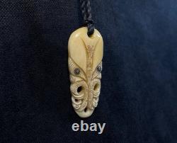 Maori Style Carved Pendant, Handmade Rustic Necklace, Shell Inlay, New Zealand