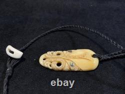 Maori Style Carved Pendant, Handmade Rustic Necklace, Shell Inlay, New Zealand