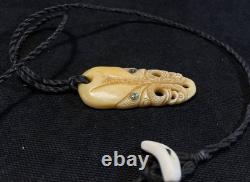 Maori Style Carved Pendant, Handmade Rustic Necklace, Shell Inlay, New Zealand