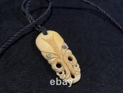 Maori Style Carved Pendant, Handmade Rustic Necklace, Shell Inlay, New Zealand