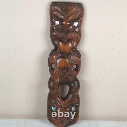 Maori TIiki Wall Art Abalone Shell Eyes New Zealand 22 Inches Hand Carved