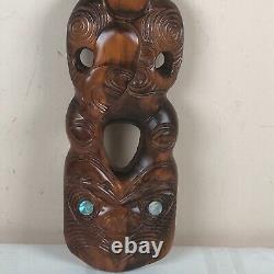 Maori TIiki Wall Art Abalone Shell Eyes New Zealand 22 Inches Hand Carved