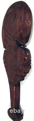 Maori Wahaika War Club Carved Wood Paua Shell Eyes New Zealand 34 cm