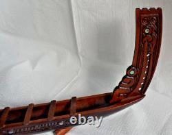 Maori War Canoe Waka Taua with Paua Shell Inserts Hand Carved New Zealand Boat