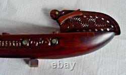 Maori War Canoe Waka Taua with Paua Shell Inserts Hand Carved New Zealand Boat