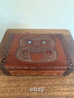 Maori Wood Tiki Box Paua Shell Eyes Carved In New Zealand Signed Terewa Kerekera