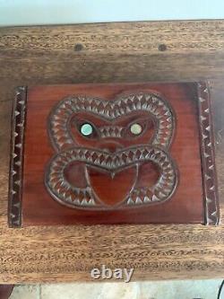 Maori Wood Tiki Box Paua Shell Eyes Carved In New Zealand Signed Terewa Kerekera