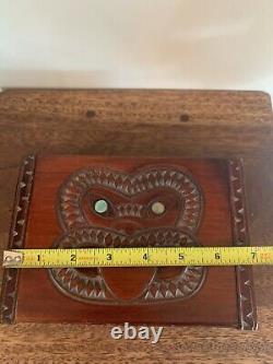 Maori Wood Tiki Box Paua Shell Eyes Carved In New Zealand Signed Terewa Kerekera