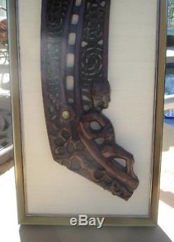 Mid Century Modern Framed Wall Plaque Maori Wood Carved Nude Man Abalone TIKI