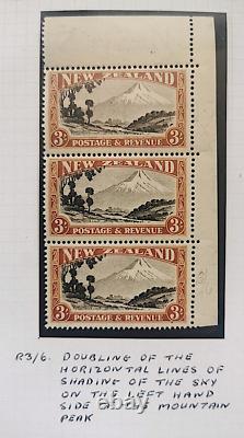 NEW ZEALAND 1942 3/- MT EGMONT SG 590c COLLECTION OF VARIETIES AND PLATE BLOCKS