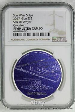 NGC PF69 UCAM 2017 STAR DESTROYER 1 oz. 999 SILVER $2 NIUE STAR WARS COLORIZED