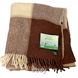 NWT PLAID BLANKET BROWN BEIGE 100% WOOL FROM NEW ZEALAND 67 x 83