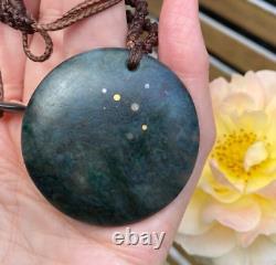 NZ AOTEA KYANITE FUSCHITE 18k GOLD MATARIKI MAORI KOPAE DISK PENDANT NECKLACE