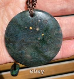 NZ AOTEA KYANITE FUSCHITE 18k GOLD MATARIKI MAORI KOPAE DISK PENDANT NECKLACE