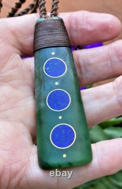 NZ POUNAMU GREENSTONE JADE AFGHAN LAPIS LAZULI 18k GOLD MOON MAORI HEI TOKI ADZE