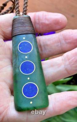 NZ POUNAMU GREENSTONE JADE AFGHAN LAPIS LAZULI 18k GOLD MOON MAORI HEI TOKI ADZE