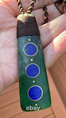 NZ POUNAMU GREENSTONE JADE AFGHAN LAPIS LAZULI 18k GOLD MOON MAORI HEI TOKI ADZE