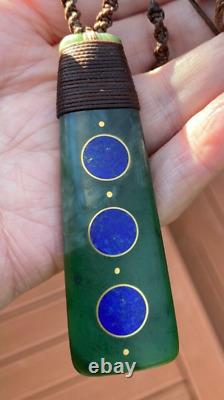 NZ POUNAMU GREENSTONE JADE AFGHAN LAPIS LAZULI 18k GOLD MOON MAORI HEI TOKI ADZE