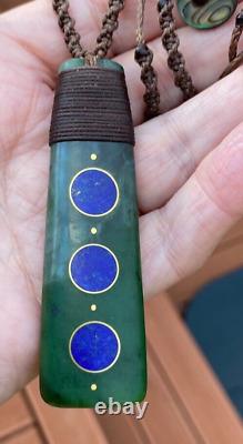 NZ POUNAMU GREENSTONE JADE AFGHAN LAPIS LAZULI 18k GOLD MOON MAORI HEI TOKI ADZE
