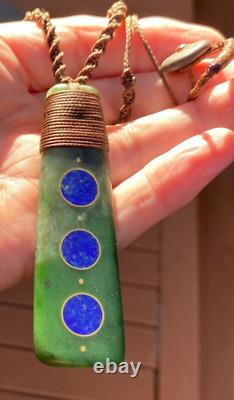NZ POUNAMU GREENSTONE JADE AFGHAN LAPIS LAZULI 18k GOLD MOON MAORI HEI TOKI ADZE