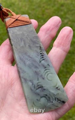 N Jerry 4.8 Nz Totoweka Pounamu Greenstone Jade Engraved Maori Hei Toki Adze