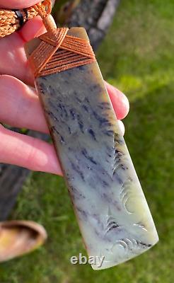 N Jerry 4.8 Nz Totoweka Pounamu Greenstone Jade Engraved Maori Hei Toki Adze