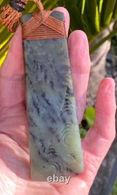 N Jerry 4.8 Nz Totoweka Pounamu Greenstone Jade Engraved Maori Hei Toki Adze