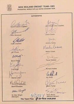 New Zealand Cricket 1983 Team signed team sheet Hadlee Crowe Cairns. AFTAL COA