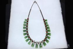 New Zealand Green Kawakawa Nephrite Jade Necklace with Red and Silver Beads 39cm