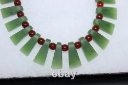 New Zealand Green Kawakawa Nephrite Jade Necklace with Red and Silver Beads 39cm