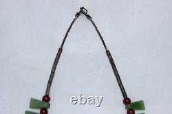 New Zealand Green Kawakawa Nephrite Jade Necklace with Red and Silver Beads 39cm