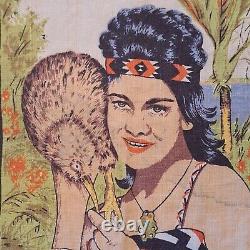 New Zealand Maori Girl & Kiwi Bird Tourist Souvenir Towel Vtg 1960s Lithograph