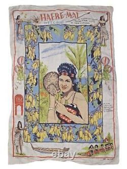 New Zealand Maori Girl & Kiwi Bird Tourist Souvenir Towel Vtg 1960s Lithograph