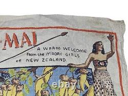 New Zealand Maori Girl & Kiwi Bird Tourist Souvenir Towel Vtg 1960s Lithograph
