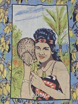 New Zealand Maori Girl & Kiwi Bird Tourist Souvenir Towel Vtg 1960s Lithograph