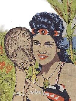 New Zealand Maori Girl & Kiwi Bird Tourist Souvenir Towel Vtg 1960s Lithograph