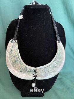 New Zealand Maori Shell Carved & Tahiti Tahitian Pearl Necklace 18-20 Long