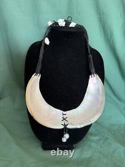 New Zealand Maori Shell Carved & Tahiti Tahitian Pearl Necklace 18-20 Long