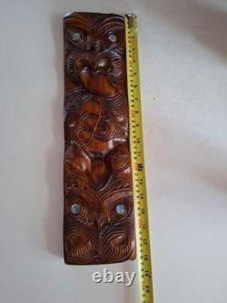 New Zealand Maori Tiki Wooden Timber Carved Wall Hanging Paua Shell Eyes 45 Cm