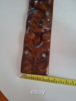 New Zealand Maori Tiki Wooden Timber Carved Wall Hanging Paua Shell Eyes 45 Cm