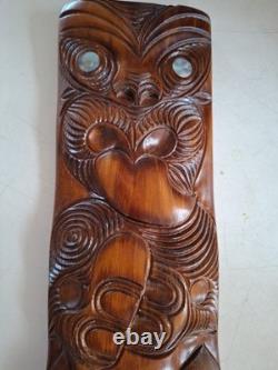 New Zealand Maori Tiki Wooden Timber Carved Wall Hanging Paua Shell Eyes 45 Cm