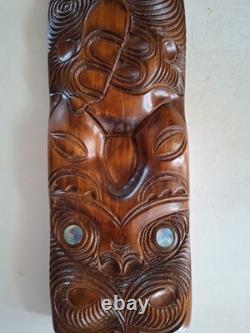 New Zealand Maori Tiki Wooden Timber Carved Wall Hanging Paua Shell Eyes 45 Cm